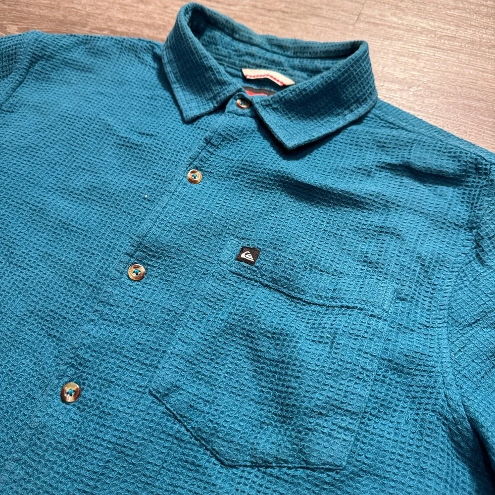 Quiksilver Shirt Mens Large Blue Thermal‎ Knit Short Sleeve Button Up Pocket